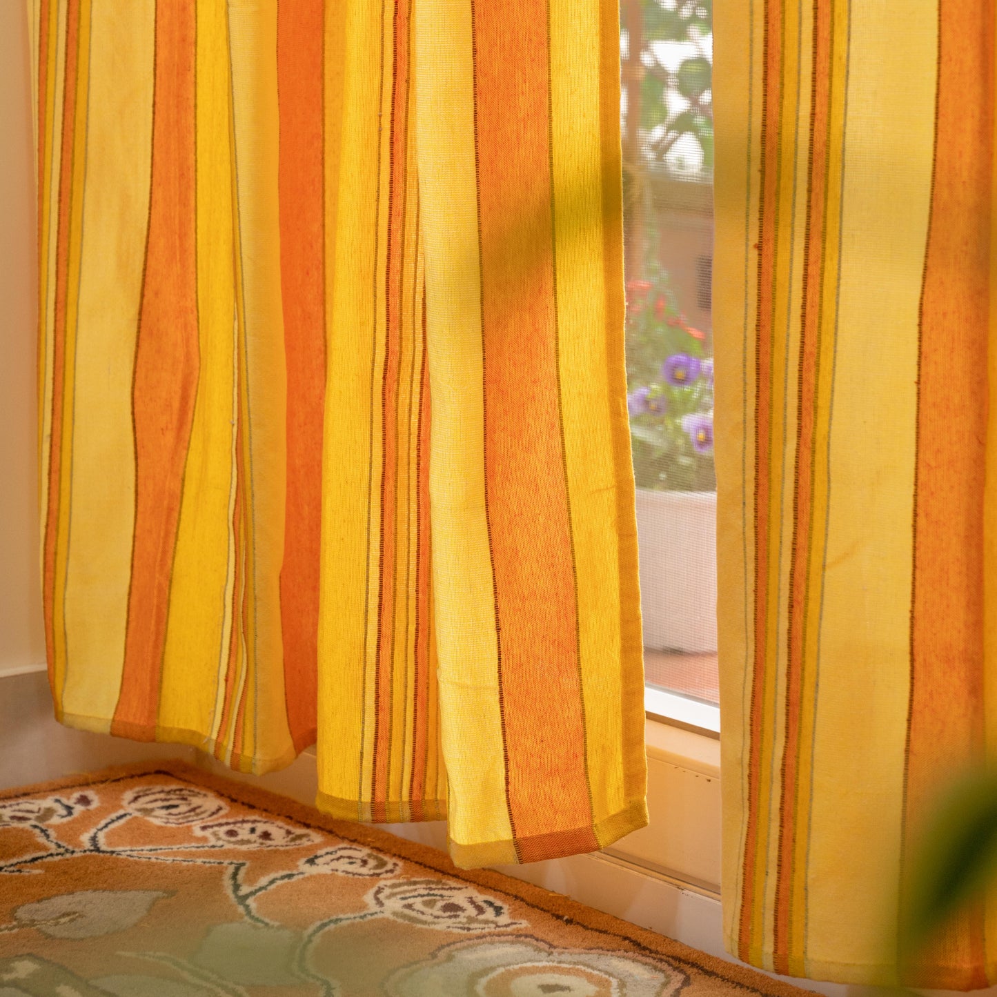 Handloom Cotton Yellow Striped Light Filtering Curtains 8 feet (Set of 2)