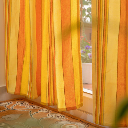 Handloom Cotton Yellow Striped Light Filtering Curtains 8 feet (Set of 2)