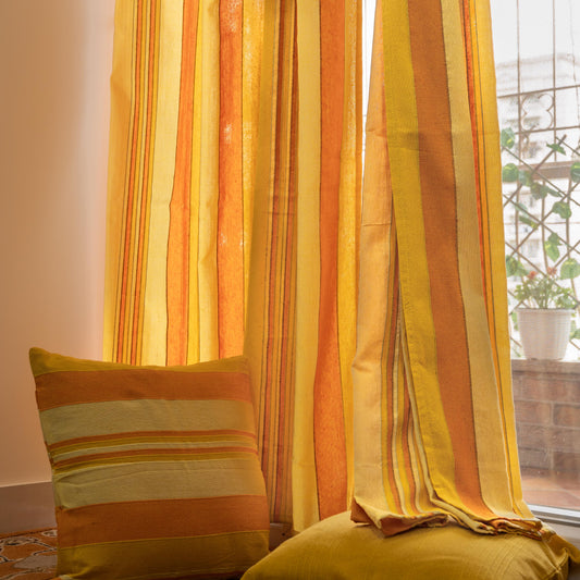 Handloom Cotton Yellow Striped Light Filtering Curtains 5 feet (Set of 2)
