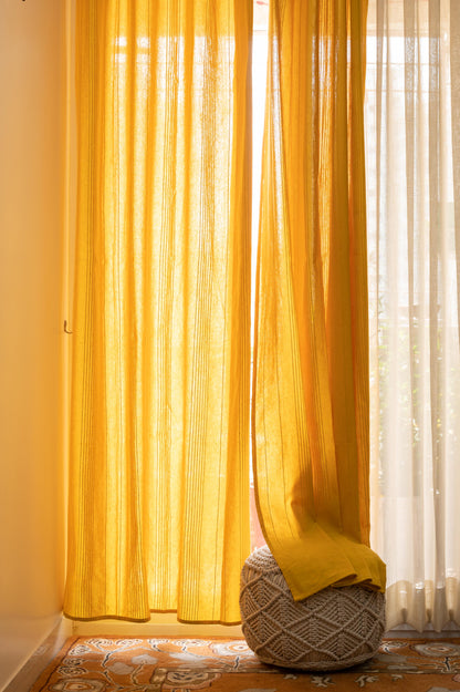 Handloom Cotton Yellow Solid Light Filtering Curtains 8 feet (Set of 2)
