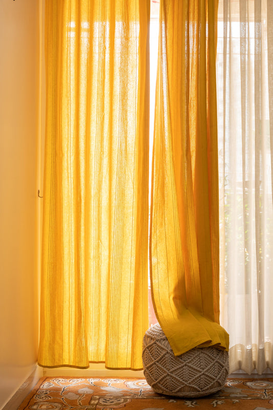 Handloom Cotton Yellow Solid Light Filtering Curtains 8 feet (Set of 2)