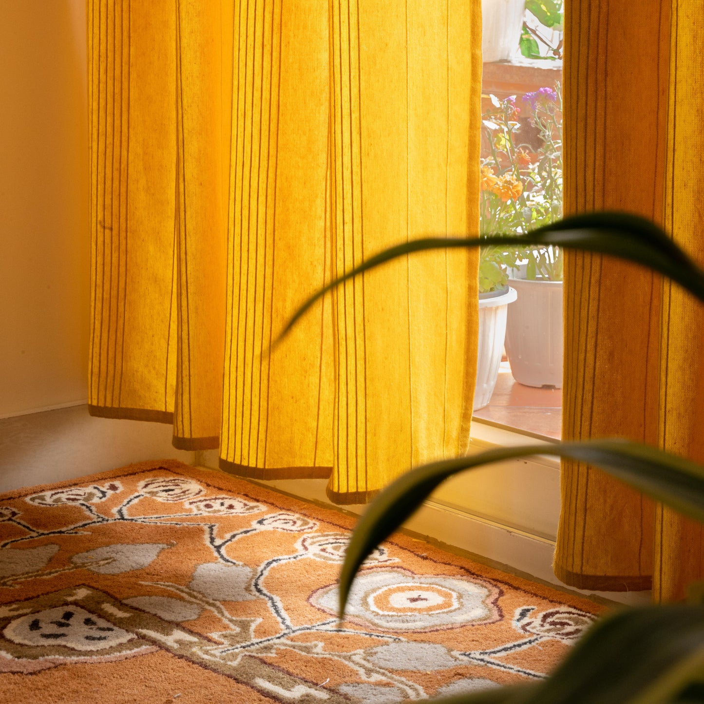 Handloom Cotton Yellow Solid Light Filtering Curtains 8 feet (Set of 2)