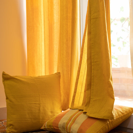Handloom Cotton Yellow Solid Light Filtering Curtains 5 feet (Set of 2)