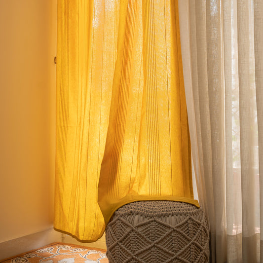 Handloom Cotton Yellow Solid Light Filtering Curtains 7 feet (Set of 2)