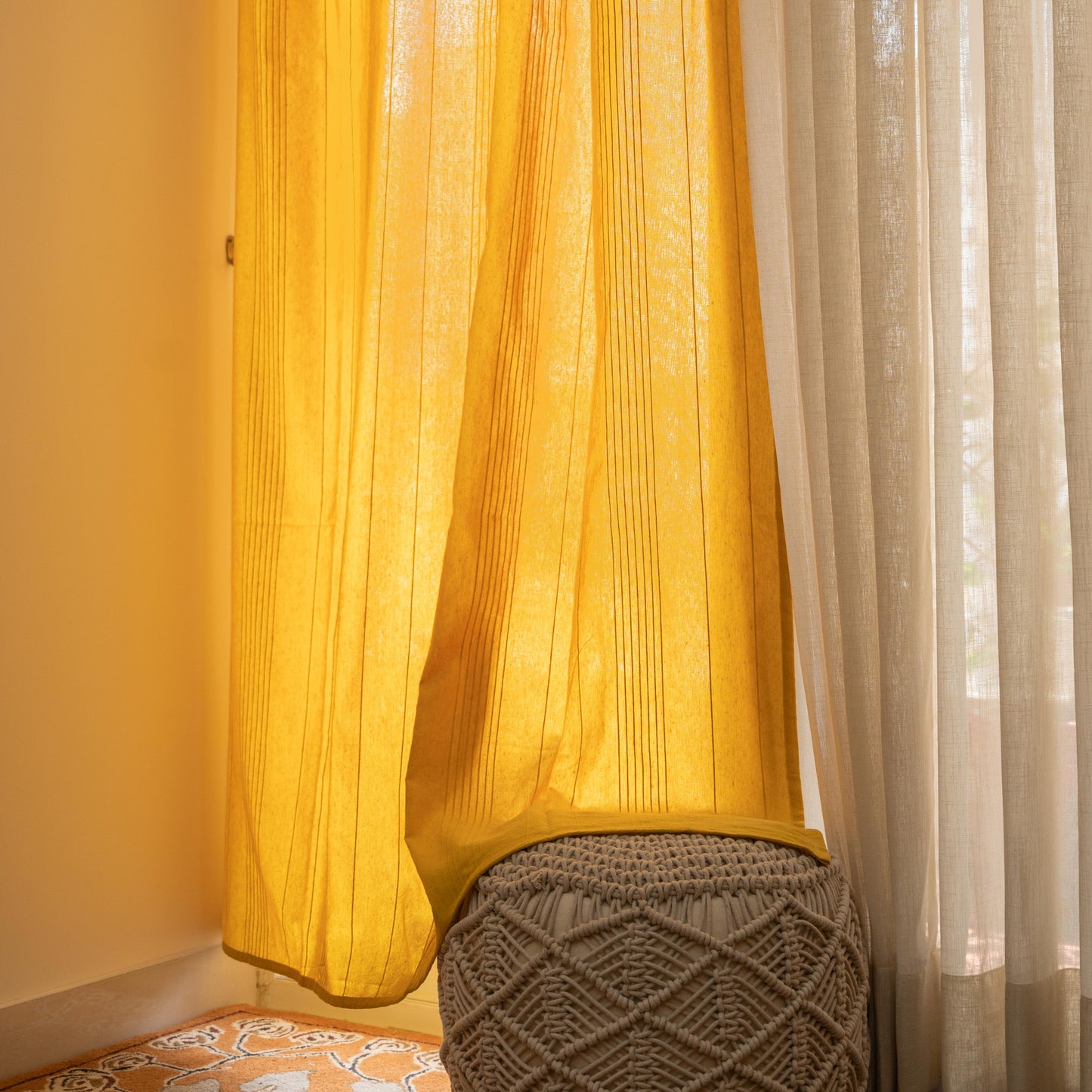 Handloom Cotton Yellow Solid Light Filtering Curtains 9 feet (Set of 2)