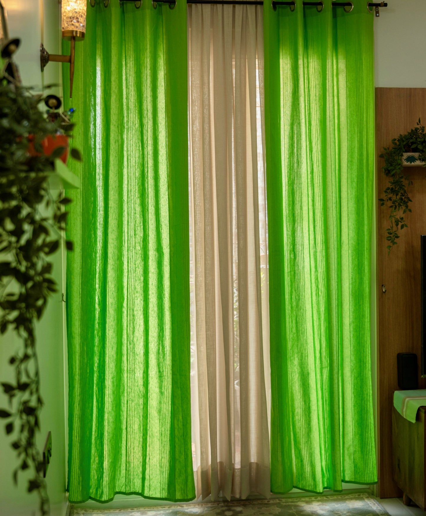 Handloom Cotton Green Solid Light Filtering Curtains 9 feet (Set of 2)