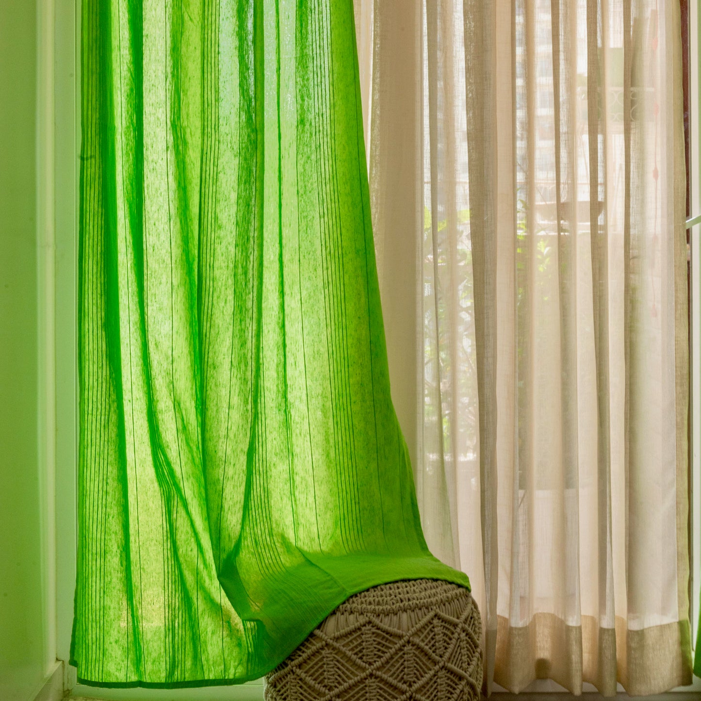 Handloom Cotton Green Solid Light Filtering Curtains 9 feet (Set of 2)