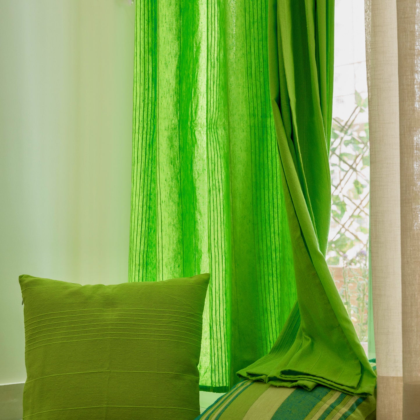 Handloom Cotton Green Solid Light Filtering Curtains 9 feet (Set of 2)