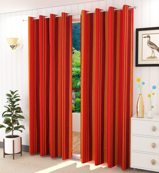 Handloom Cotton Red Striped Light Filtering Curtains 9 feet (Set of 2)