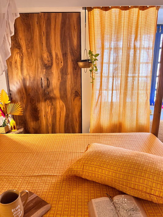 Handloom Cotton Yellow Box Light Filtering Curtains 5 feet (Set of 2)