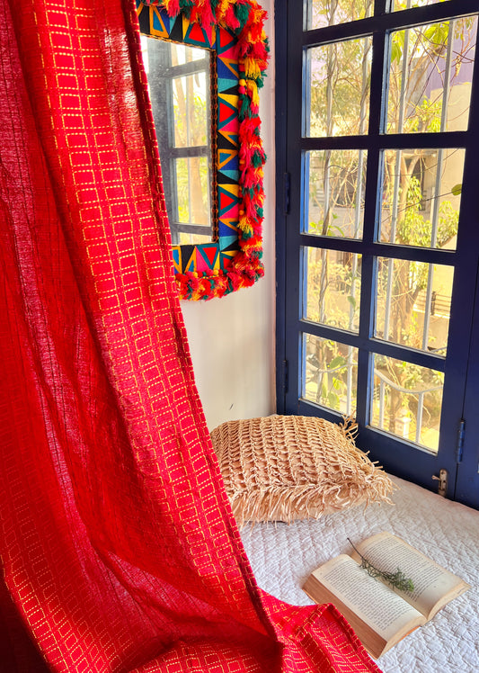 Handloom Cotton Red Box Light Filtering Curtains 5 feet (Set of 2)