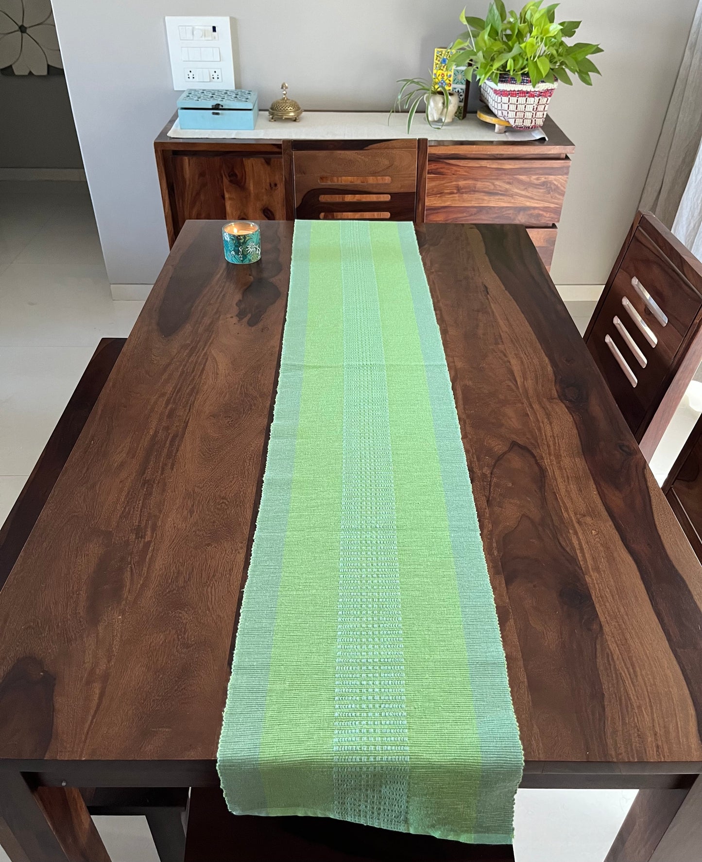 Cotton Pastel Green Ikat Table Runner Large