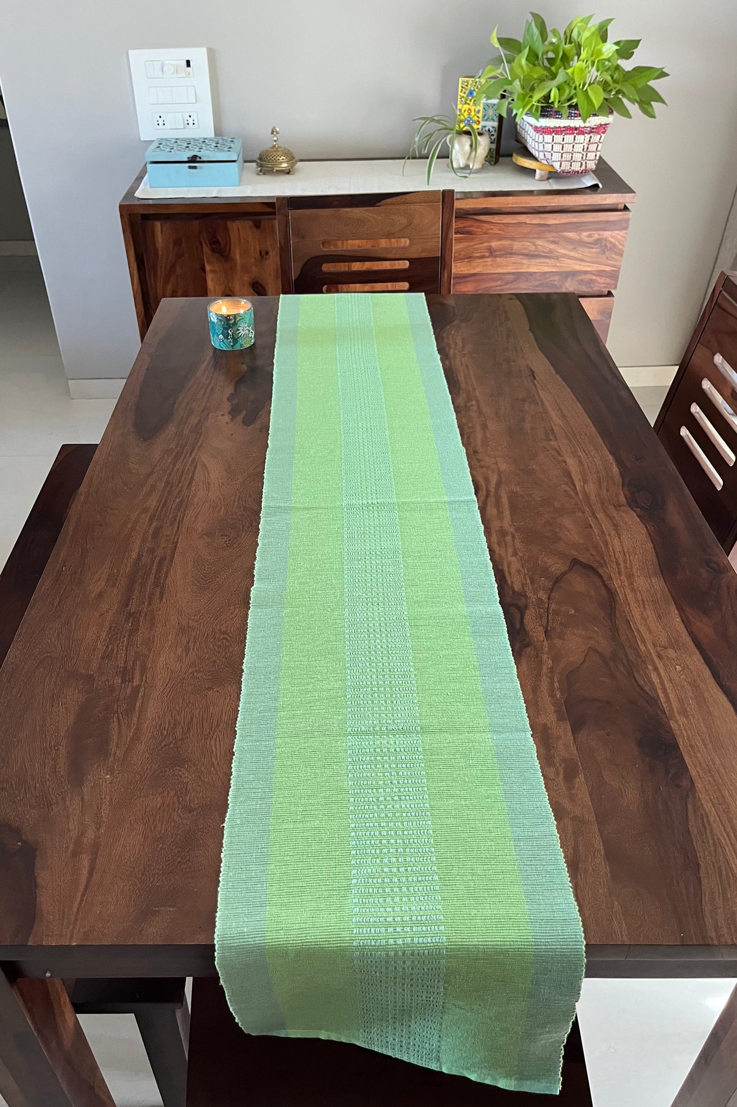 Cotton Pastel Green Ikat Table Runner Large