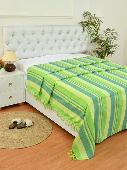 Handloom Cotton Green Striped King Bedcover without Pillow Covers