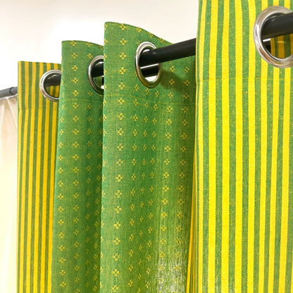 Handloom Cotton Green-Yellow Darkened Glow Curtains 5 feet (Set of 2)