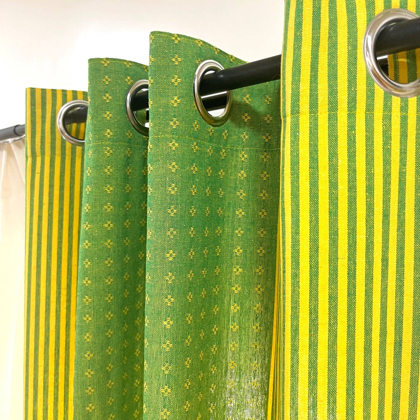 Handloom Cotton Green-Yellow Darkened Glow Curtains 7 feet (Set of 2)