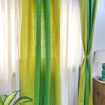 Handloom Cotton Green-Yellow Darkened Glow Curtains 5 feet (Set of 2)