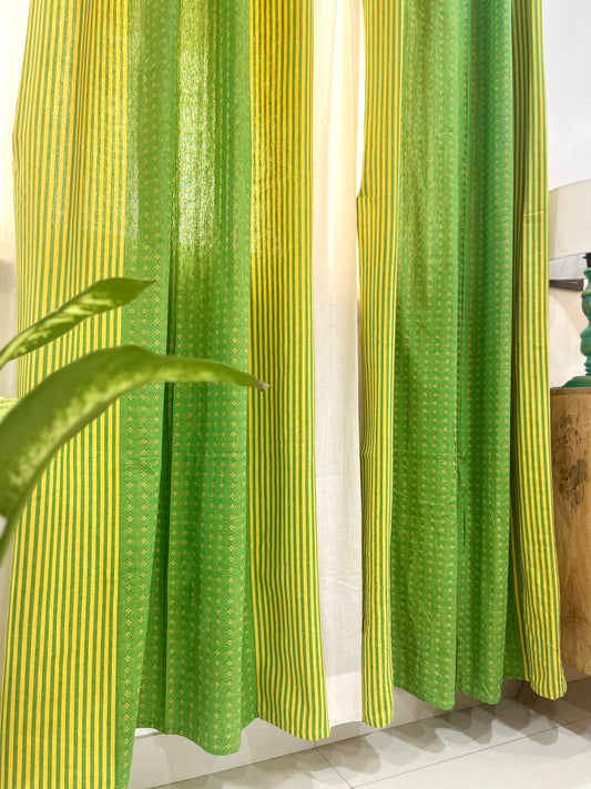 Handloom Cotton Green-Yellow Darkened Glow Curtains 8 feet (Set of 2)