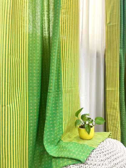 Handloom Cotton Green-Yellow Darkened Glow Curtains 5 feet (Set of 2)