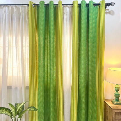 Handloom Cotton Green-Yellow Darkened Glow Curtains 5 feet (Set of 2)