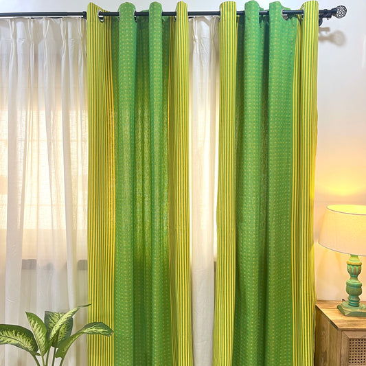Handloom Cotton Green-Yellow Darkened Glow Curtains 8 feet (Set of 2)