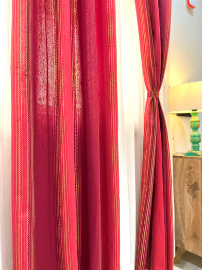 Handloom Cotton Red Striped Darkened Glow Curtains 5 feet (Set of 2)