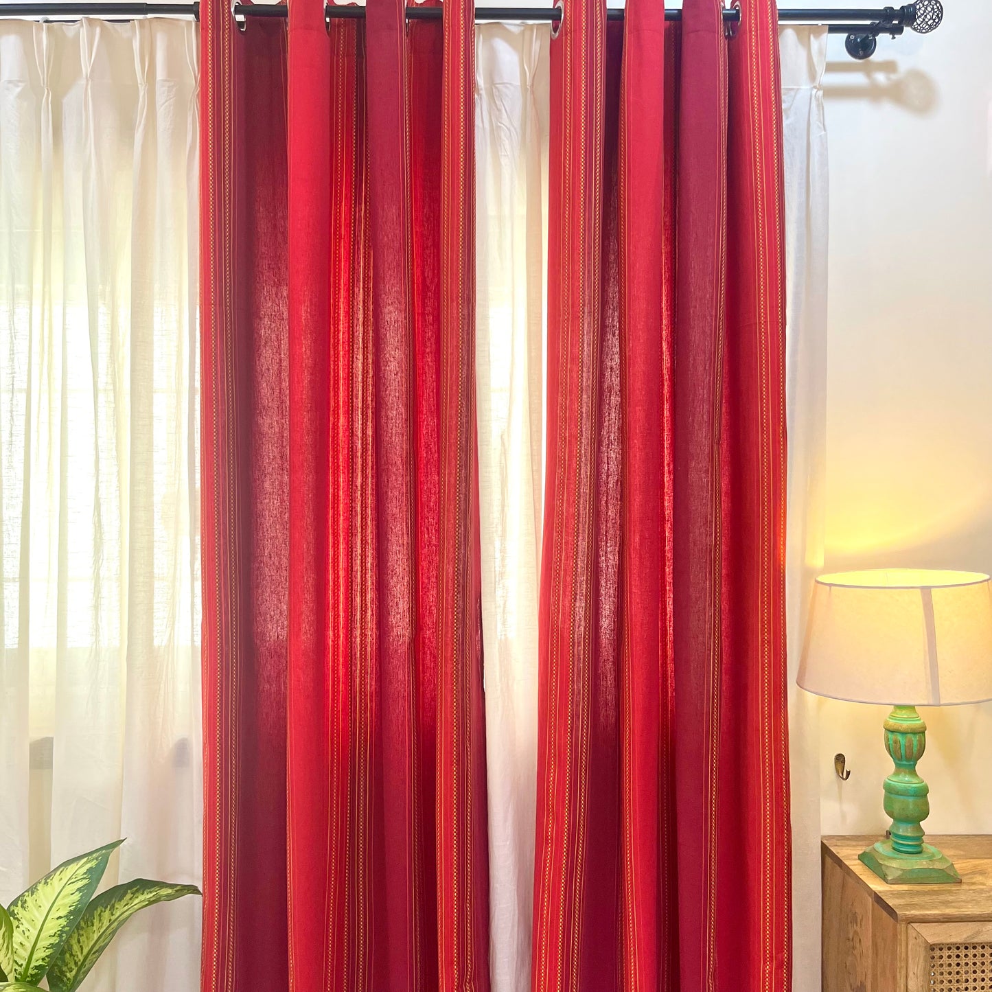 Handloom Cotton Red Striped Darkened Glow Curtains 8 feet (Set of 2)