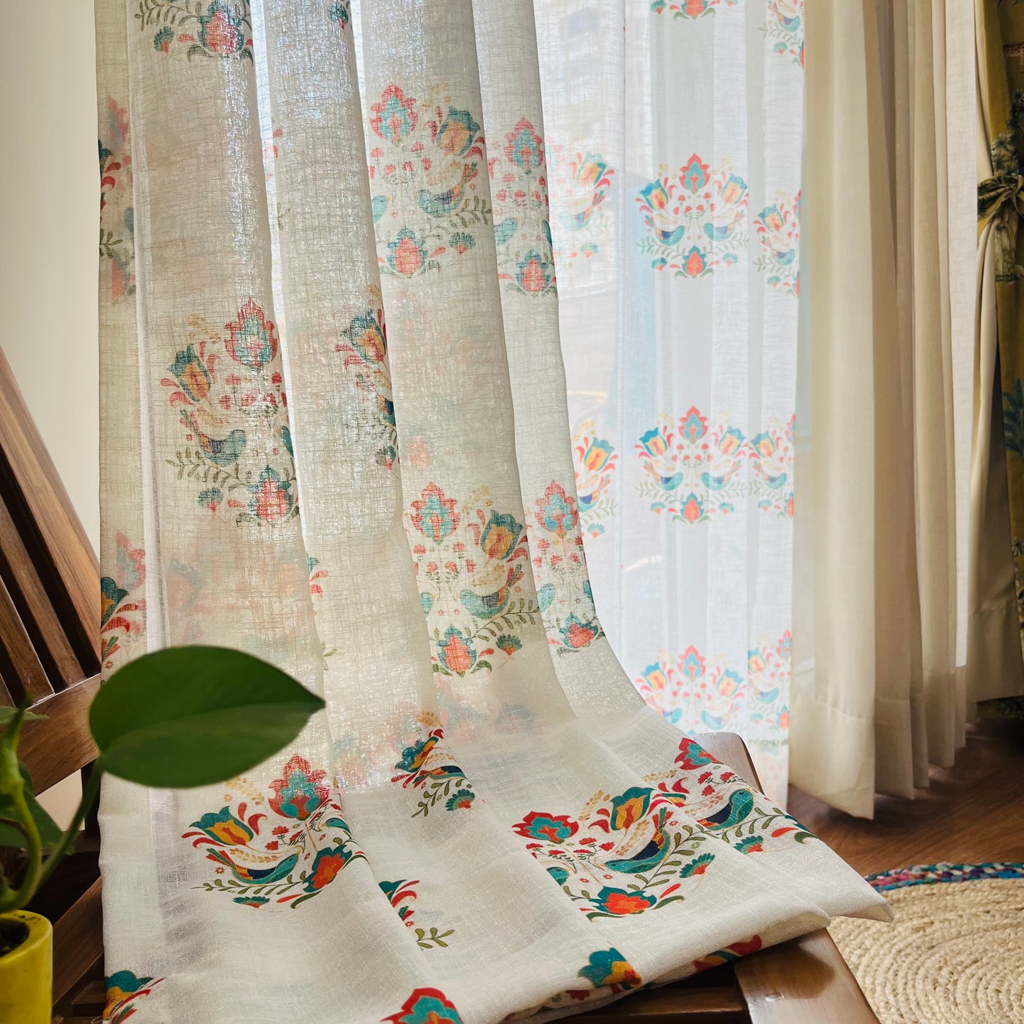Handloom Cotton Green Sparrow Sheer Curtains 7 feet (Set of 2)