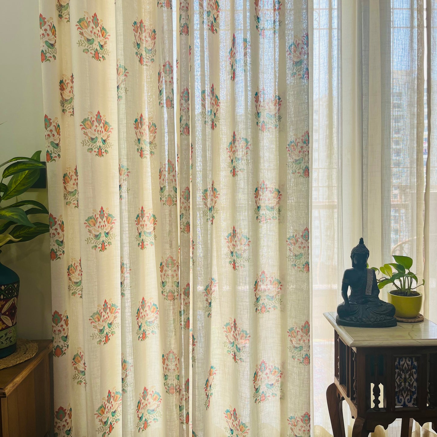 Handloom Cotton Green Sparrow Sheer Curtains 7 feet (Set of 2)