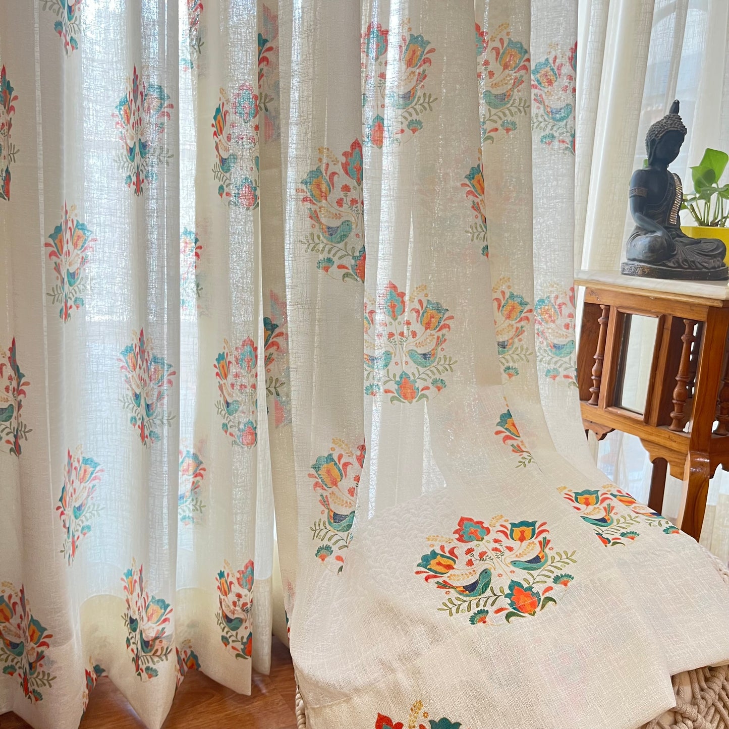 Handloom Cotton Green Sparrow Sheer Curtains 7 feet (Set of 2)