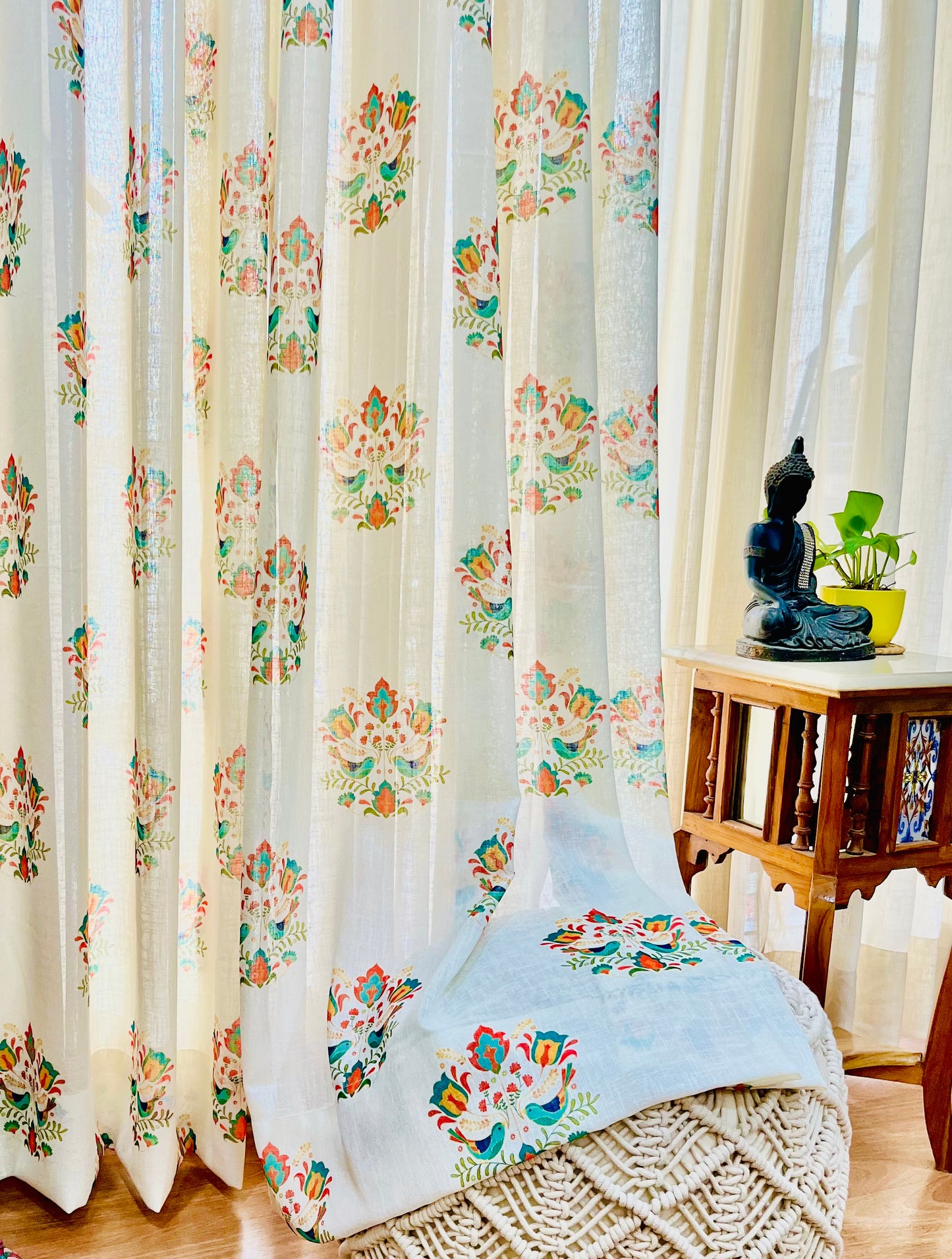 Handloom Cotton Green Sparrow Sheer Curtains 7 feet (Set of 2)