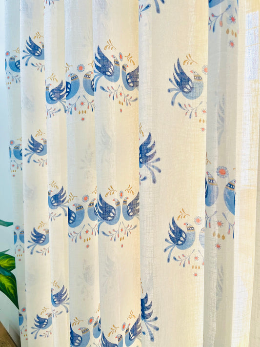 Handloom Cotton Blue Sparrow Sheer Curtains 7 feet (Set of 2)