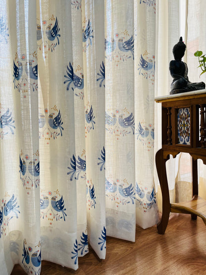 Handloom Cotton Blue Sparrow Sheer Curtains 7 feet (Set of 2)