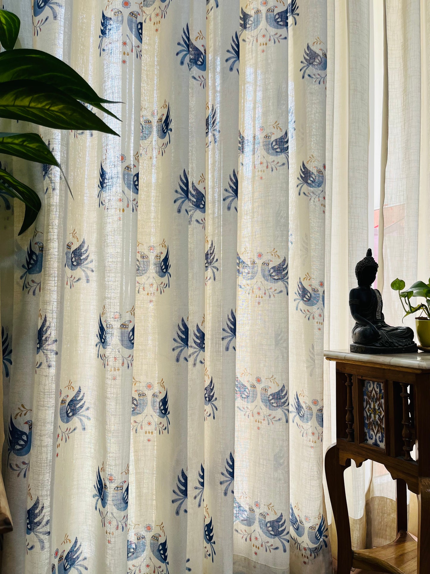 Handloom Cotton Blue Sparrow Sheer Curtains 5 feet (Set of 2)