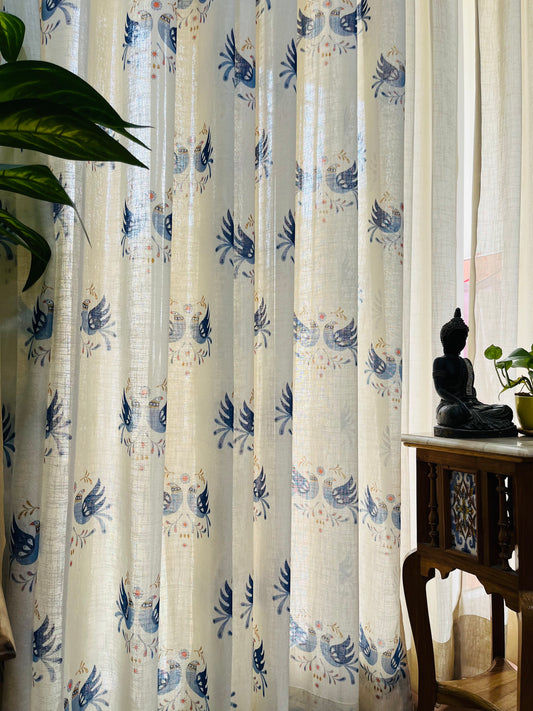 Handloom Cotton Blue Sparrow Sheer Curtains 8 feet (Set of 2)