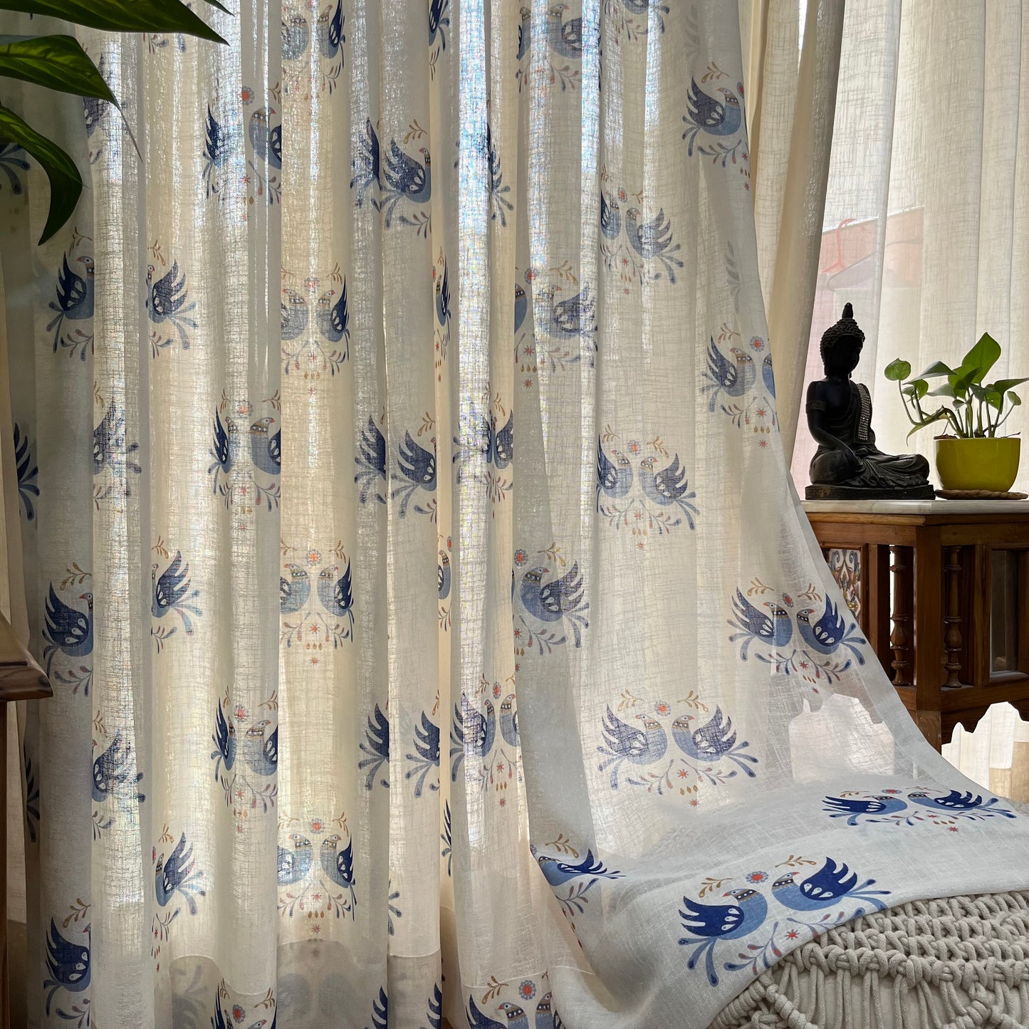 Handloom Cotton Blue Sparrow Sheer Curtains 5 feet (Set of 2)