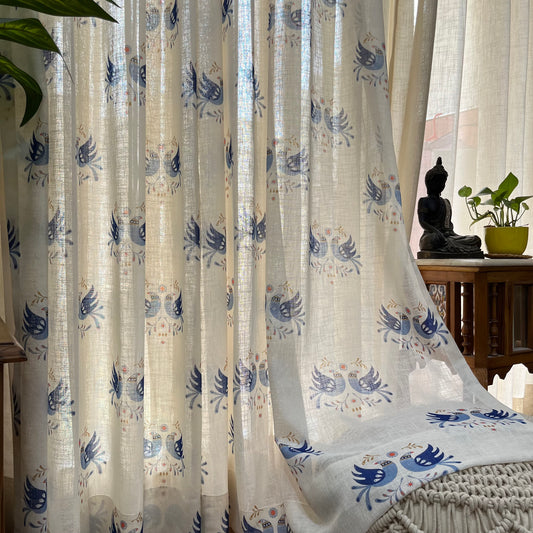 Handloom Cotton Blue Sparrow Sheer Curtains 5 feet (Set of 2)