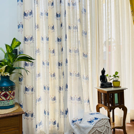 Handloom Cotton Blue Sparrow Sheer Curtains 9 feet (Set of 2)