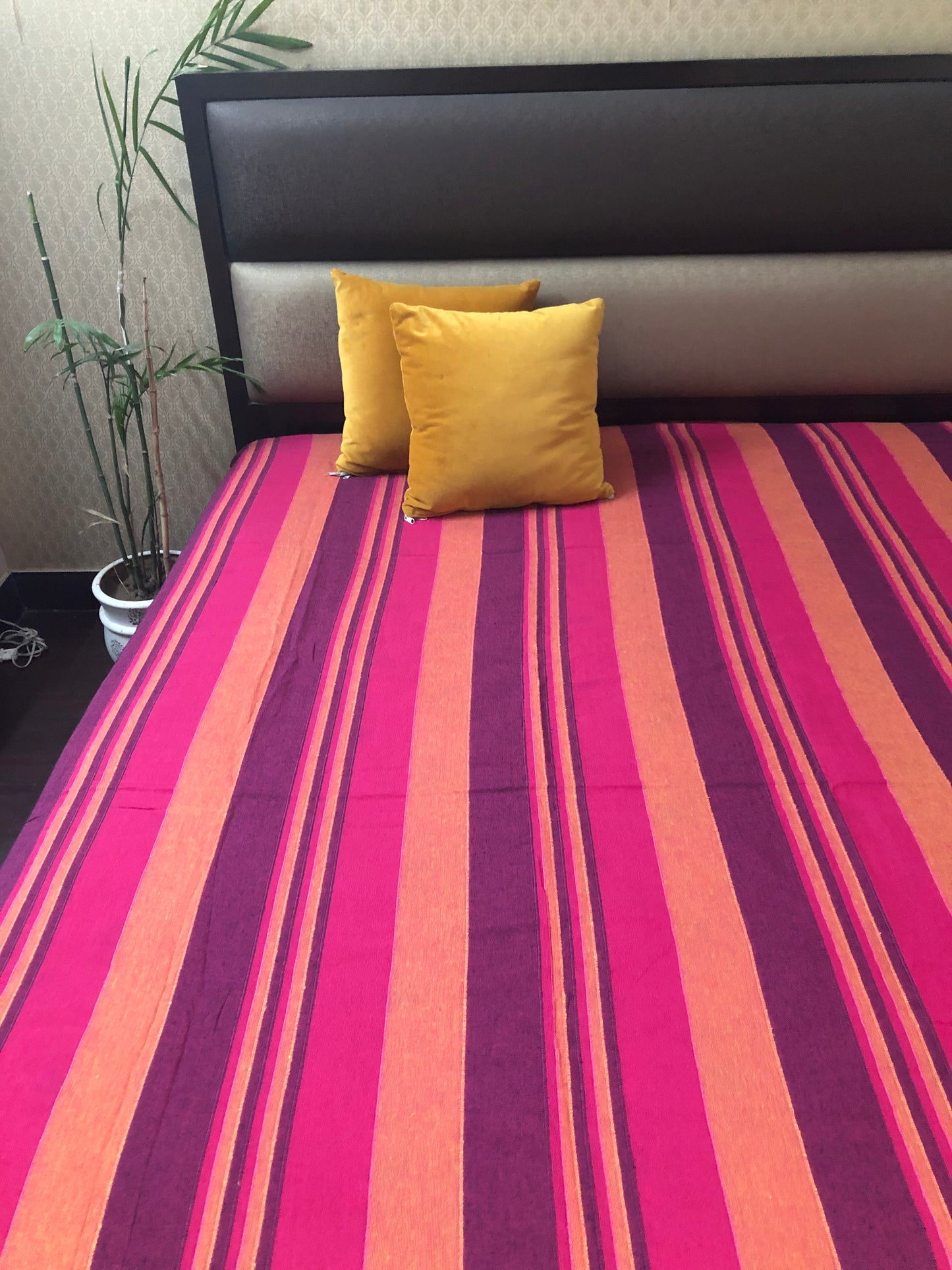 Handloom Cotton Purple Striped Double Bedcover without Pillow Covers