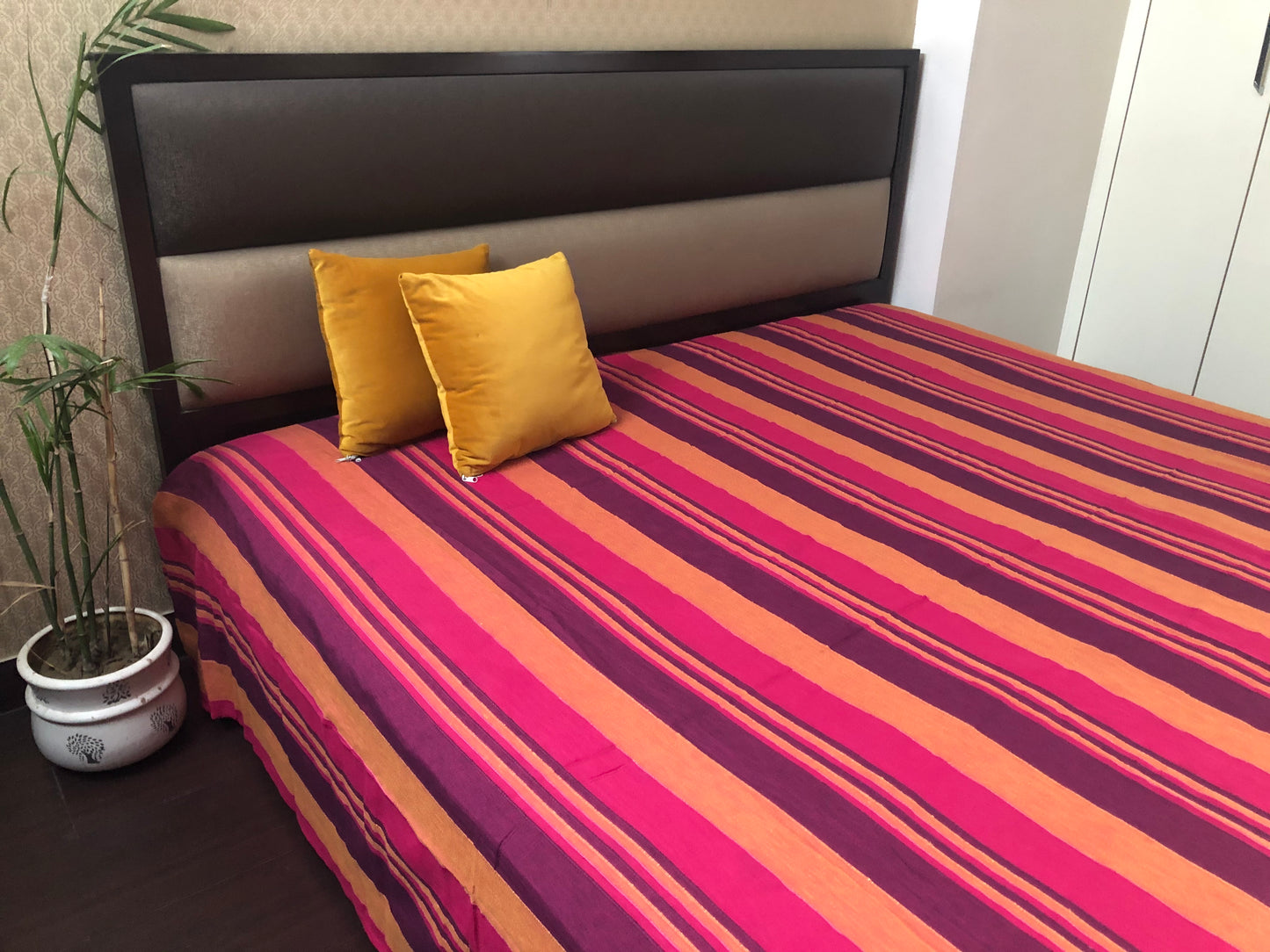 Handloom Cotton Purple Striped Double Bedcover without Pillow Covers