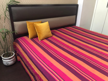 Handloom Cotton Purple Striped Double Bedcover without Pillow Covers