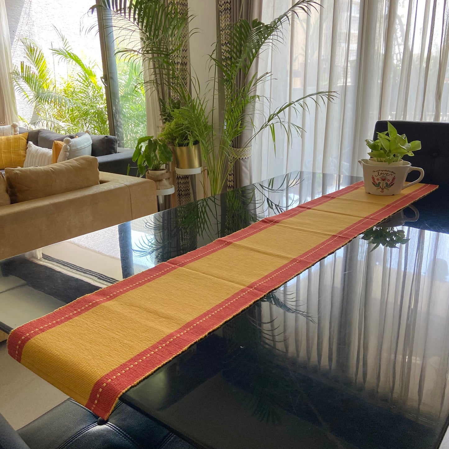 Cotton Red Mustard Striped Table Runner Large
