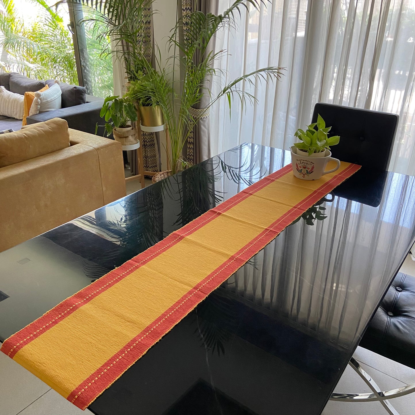 Cotton Red Mustard Striped Table Runner Large