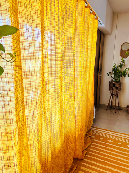 Handloom Cotton Yellow Box Light Filtering Curtains 8 feet (Set of 2)