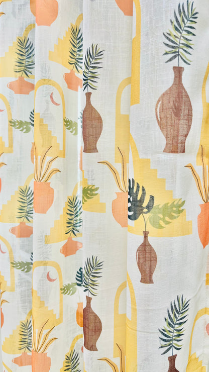 Handloom Cotton Orange Vase Sheer Curtains 7 feet (Set of 2)