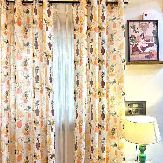 Handloom Cotton Orange Vase Sheer Curtains 7 feet (Set of 2)