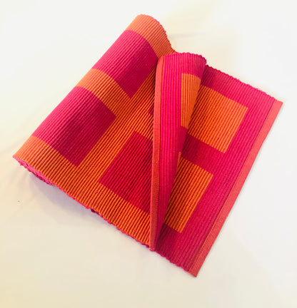 Rangbhar Handloom Ribbed Cotton Table Runner for Living/Dining Room/Home Decor, Anti Skid, Reversible, Machine Washable, 12 X 72 inches, Striped, Pink Orange Box