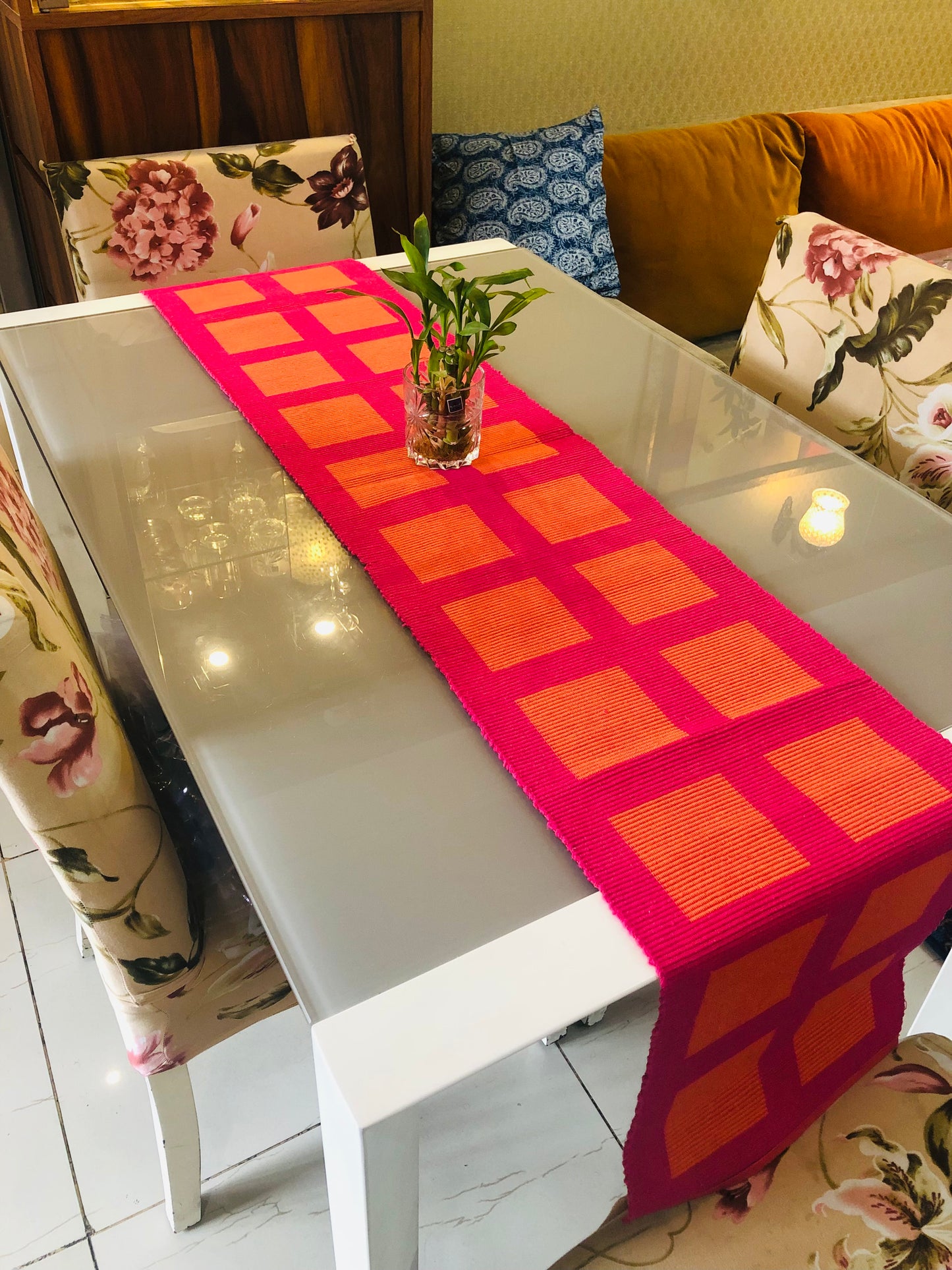 Rangbhar Handloom Ribbed Cotton Table Runner for Living/Dining Room/Home Decor, Anti Skid, Reversible, Machine Washable, 12 X 72 inches, Striped, Pink Orange Box