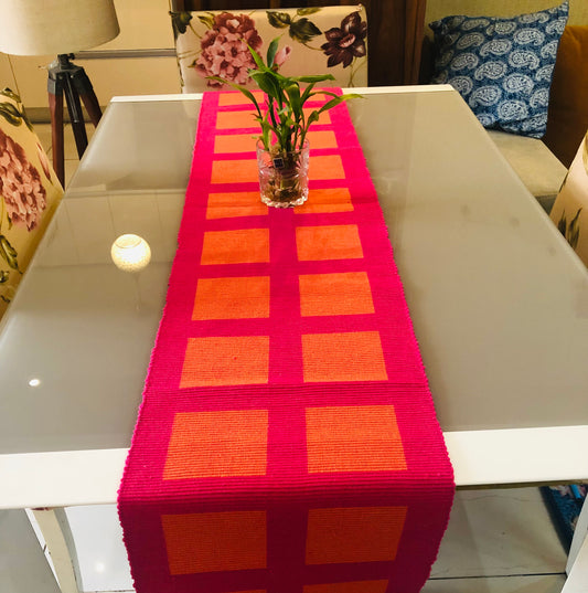 Rangbhar Handloom Ribbed Cotton Table Runner for Living/Dining Room/Home Decor, Anti Skid, Reversible, Machine Washable, 12 X 72 inches, Striped, Pink Orange Box
