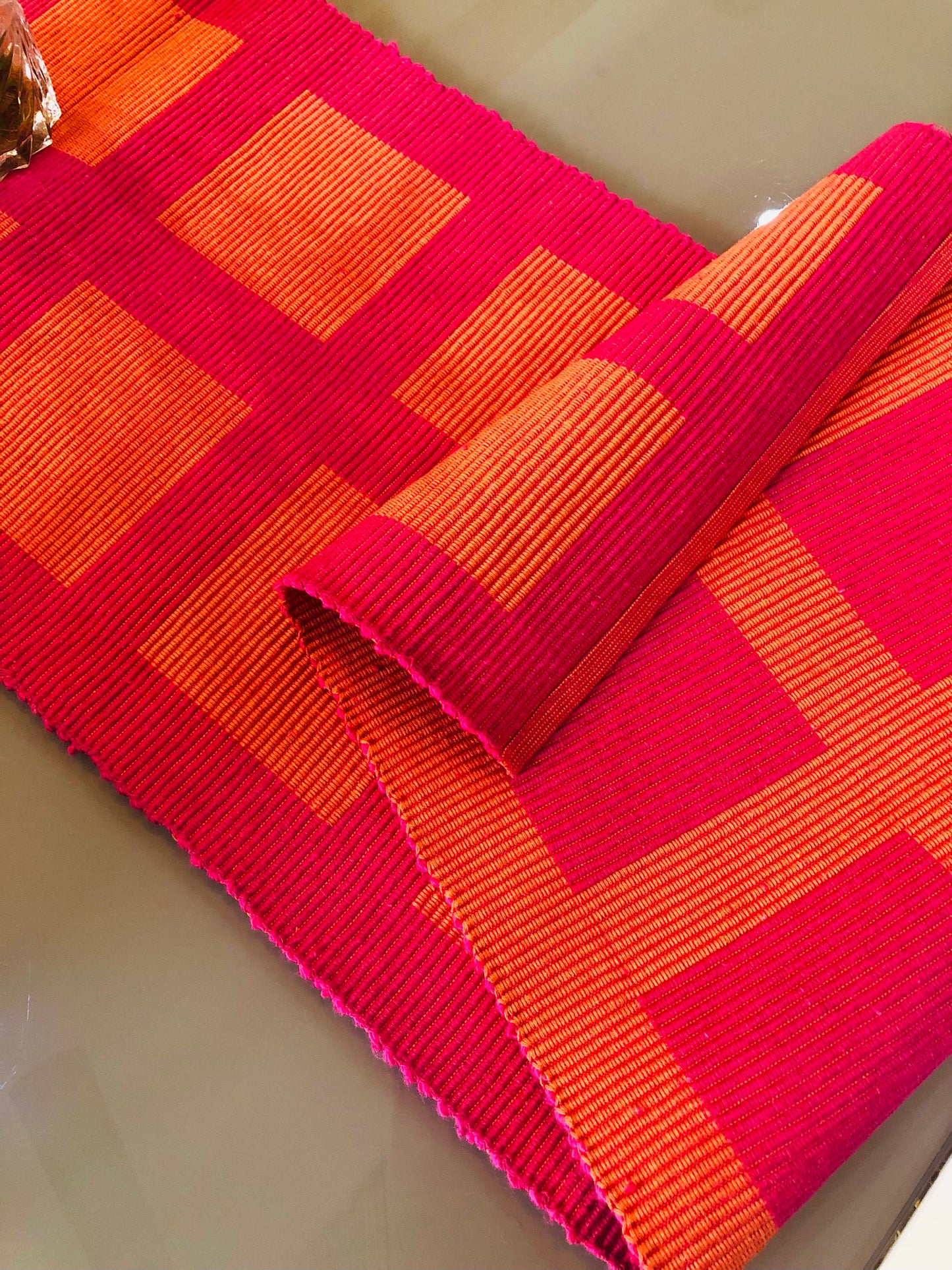 Rangbhar Handloom Ribbed Cotton Table Runner for Living/Dining Room/Home Decor, Anti Skid, Reversible, Machine Washable, 12 X 72 inches, Striped, Pink Orange Box